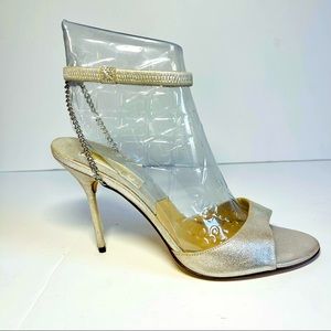 Michael Kors Silver Leather Heels with Chain/Leather Ankle Strap NWOT